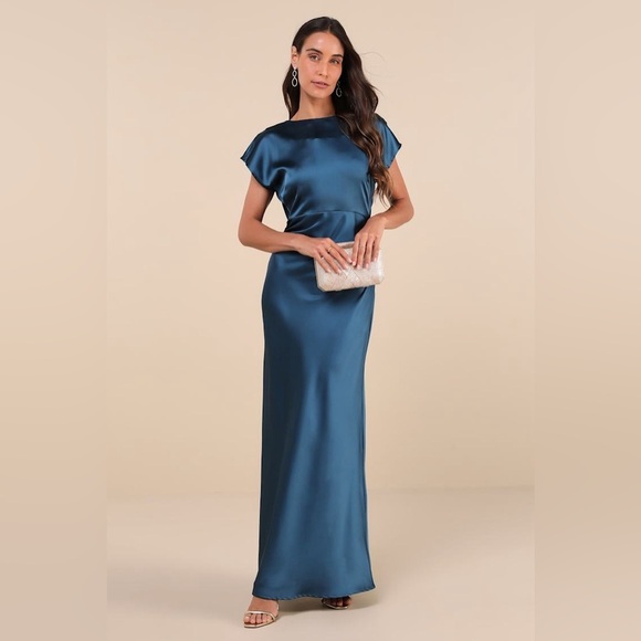 LULU’S Captivating Presence Dark Teal Satin Cowl Back Maxi Dress - Picture 3 of 5